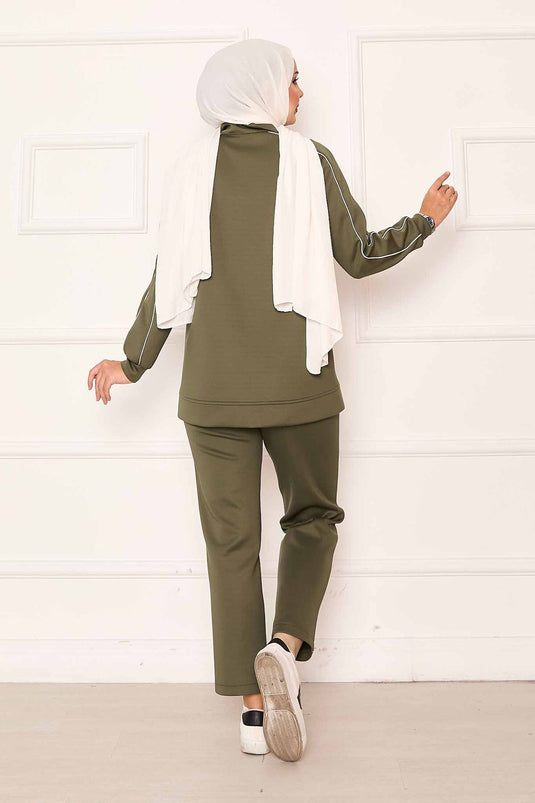 Costume deux pièces à passepoils détaillés kaki