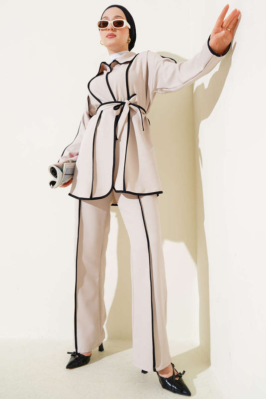 Detailed Belted Jacket Two-Piece Set Beige