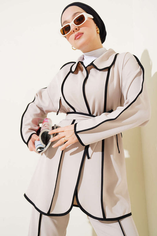 Detailed Belted Jacket Two-Piece Set Beige