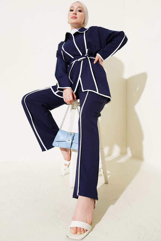 Detailed Belted Jacket Two-Piece Set Navy Blue