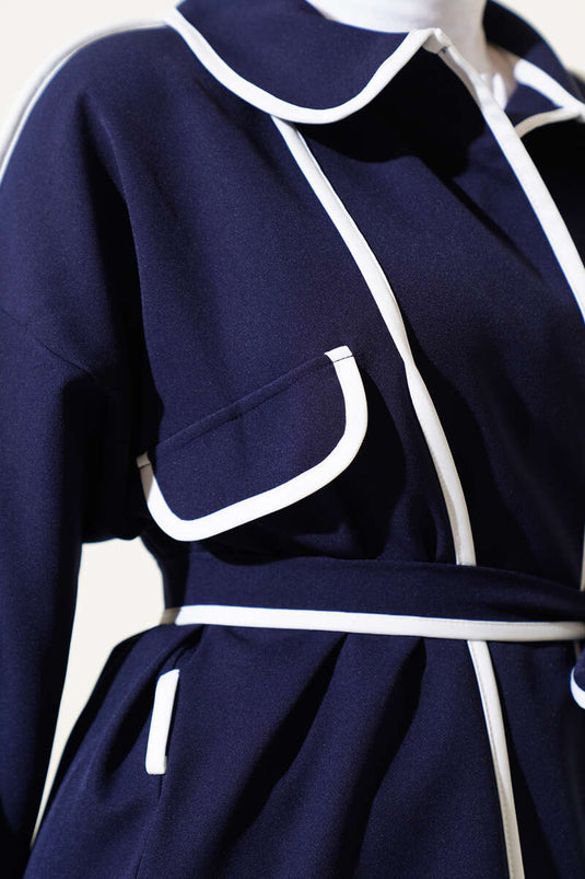 Detailed Belted Jacket Two-Piece Set Navy Blue