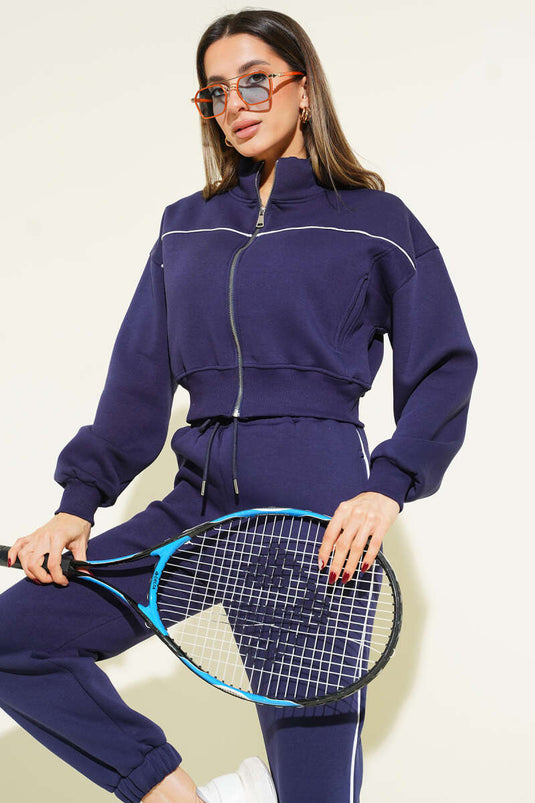 Tweedelig setje met vest en drievoudige draad met biezen, donkerblauw