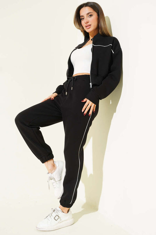 Ensemble double en tricot trois fils avec cardigan à bandes Biye noir