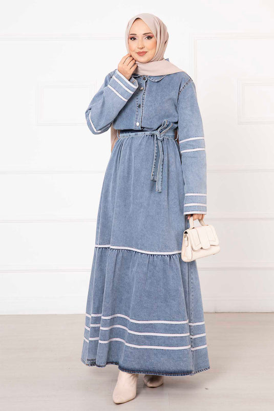 Belted Ruffled Waist Denim Dress Blue