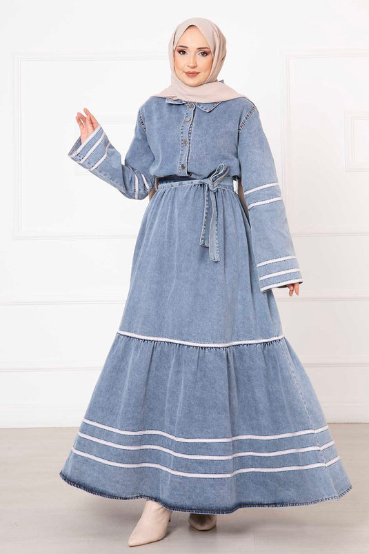 Belted Ruffled Waist Denim Dress Blue