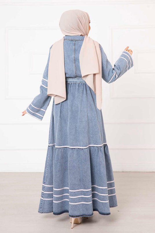 Belted Ruffled Waist Denim Dress Blue