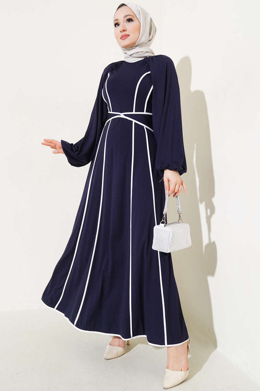 Navy Blue Dress with Belt and Self-Tie