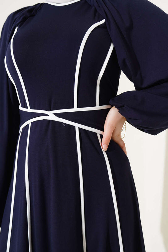 Navy Blue Dress with Belt and Self-Tie