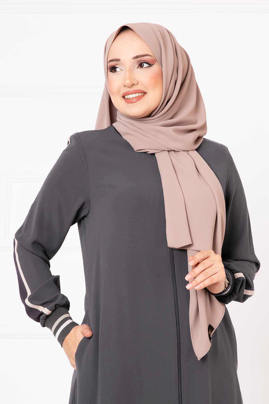 Gray Ribbed Sleeve Abaya