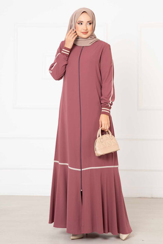 Abaya mit gerippten Ärmeln und Paspelierung Rosa