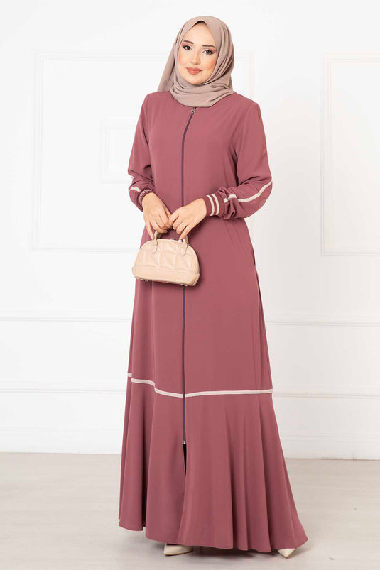 Abaya mit gerippten Ärmeln und Paspelierung Rosa