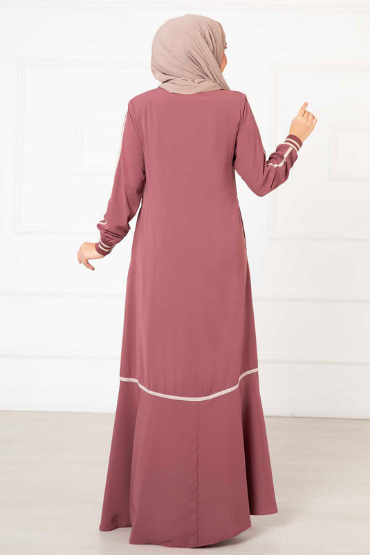 Abaya mit gerippten Ärmeln und Paspelierung Rosa