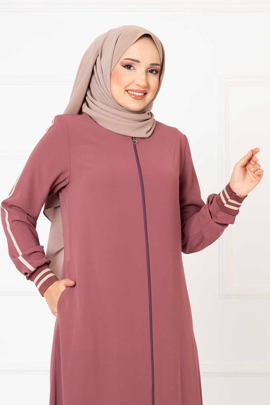 Abaya mit gerippten Ärmeln und Paspelierung Rosa