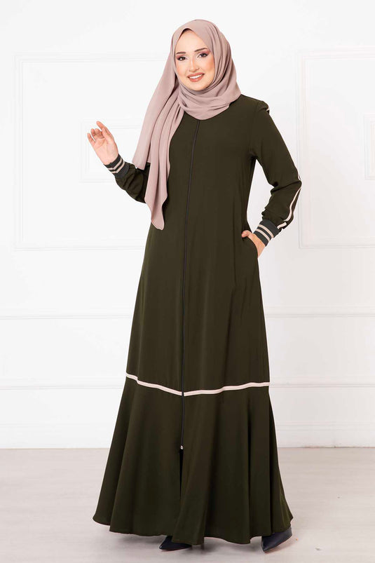 Abaya mit gerippten Ärmeln Khaki