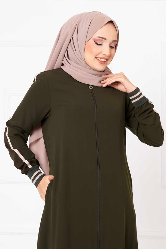 Haki Color Ribbed Sleeve Abaya