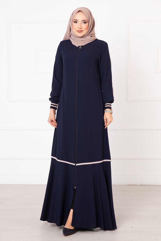 Abaya à manches côtelées et passepoil bleu marine