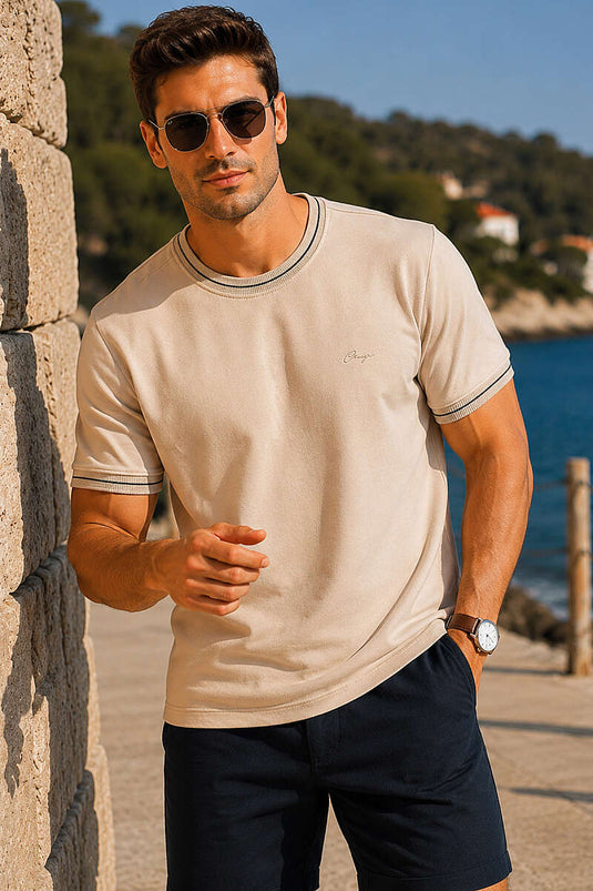 Biyeli Loyşa Bisiklet Yaka Erkek T-shirt Bej