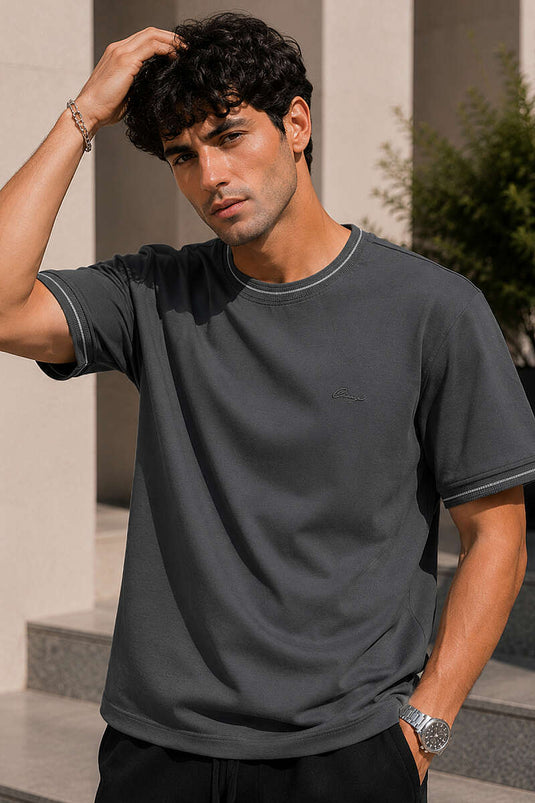 Biyeli Loyşa Bisiklet Yaka Erkek T-shirt Füme