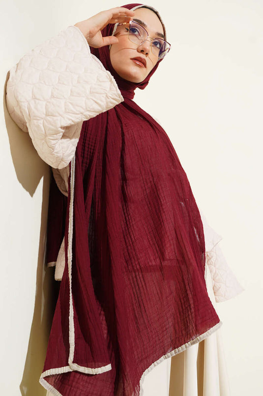 Biyeli Müslin Şal Bordo Bej