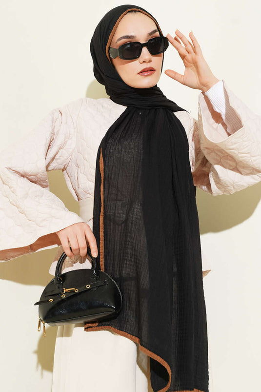 Biyeli Müslin Şal Siyah Camel