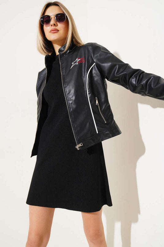 Belted Embroidered Short Leather Jacket Black