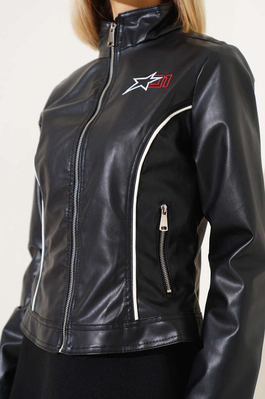 Belted Embroidered Short Leather Jacket Black