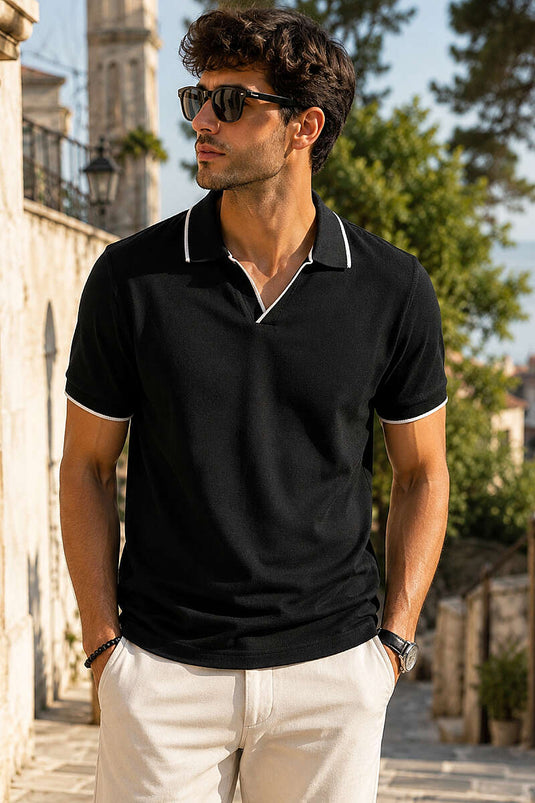 T-shirt homme à col polo bordé noir