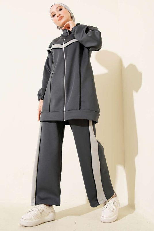 Scuba Two Piece Suit with Piping and Stripes, Smoke