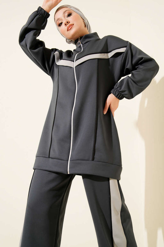 Scuba Two Piece Suit with Piping and Stripes, Smoke