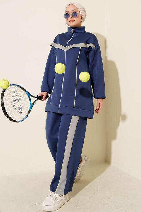 بدلة غوص من قطعتين مع حواف وخطوط - أزرق داكن