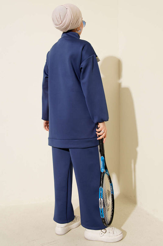 بدلة غوص من قطعتين مع حواف وخطوط - أزرق داكن