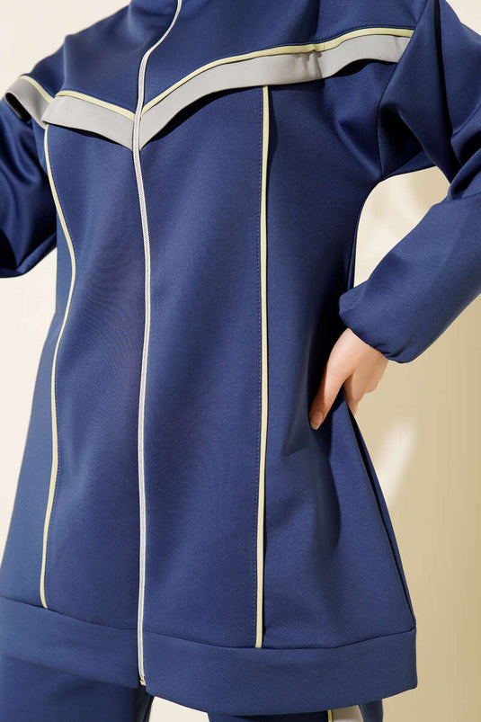 بدلة غوص من قطعتين مع حواف وخطوط - أزرق داكن