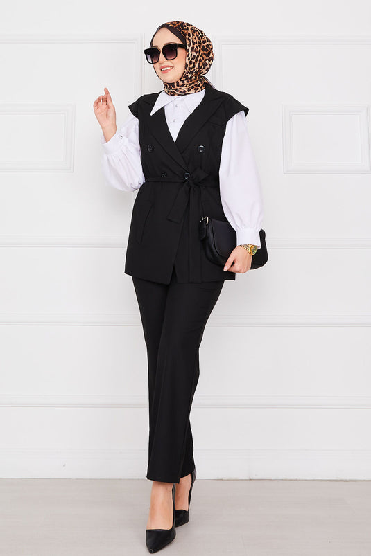 Conjunto de blazer, hijab y chaleco negro