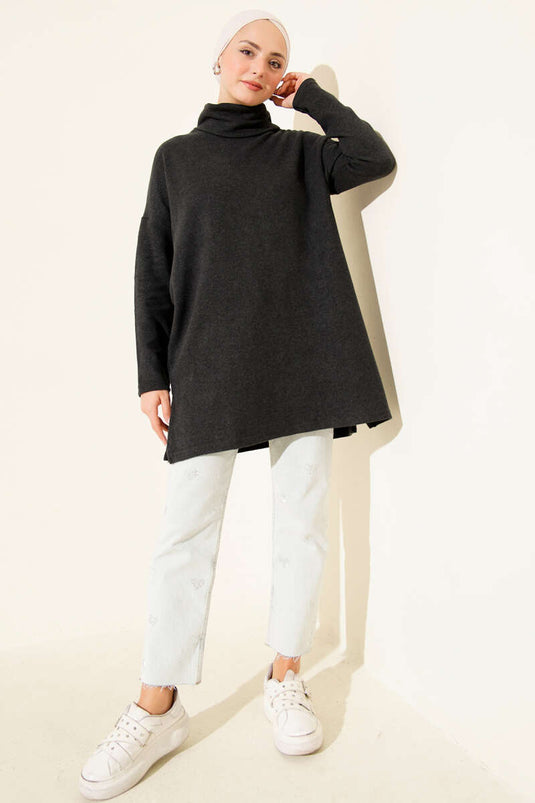 Tunique en velours côtelé à col roulé anthracite