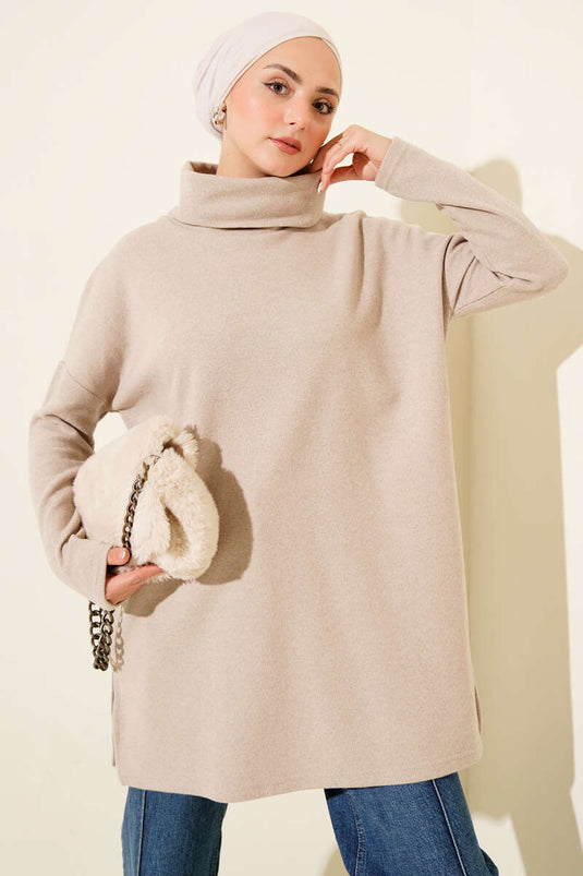 Boğazlı Fitilli Kaşe Tunik Bej