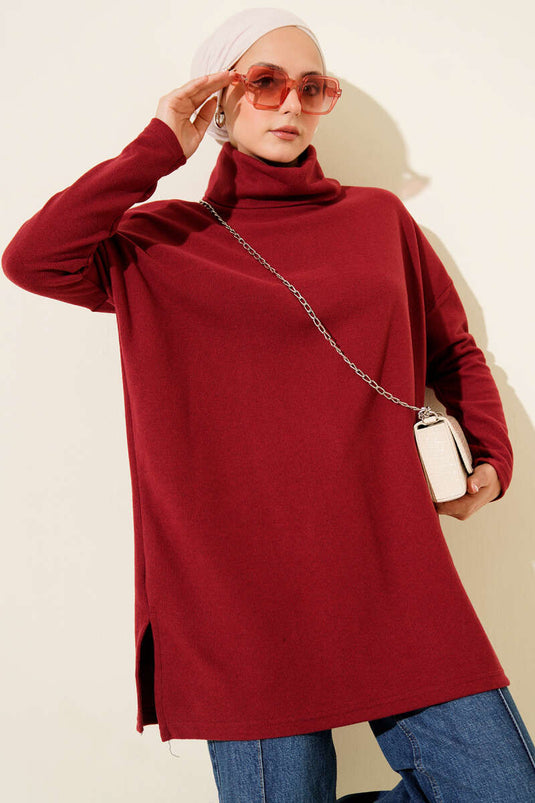 Tunique rouge à col roulé en velours côtelé Cachet