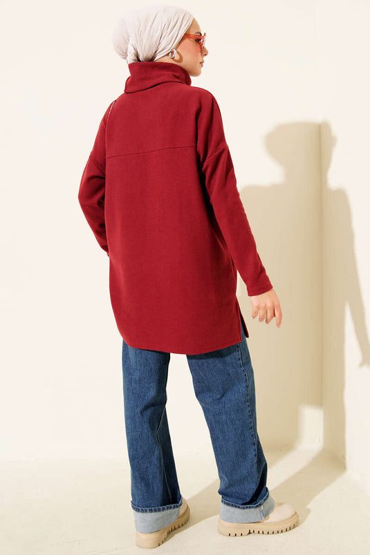 Tunique rouge à col roulé en velours côtelé Cachet