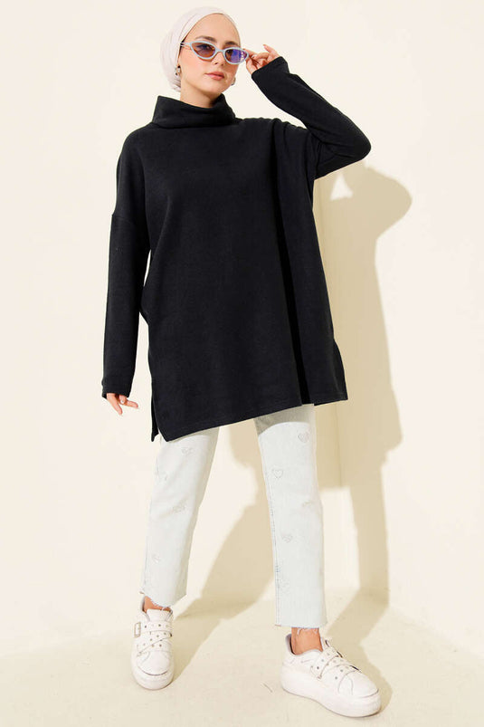 Tunique en velours côtelé et cachemire à col roulé bleu marine