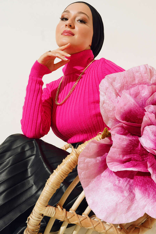 Funnel Neck Ribbed Short Sweater Fuchsia