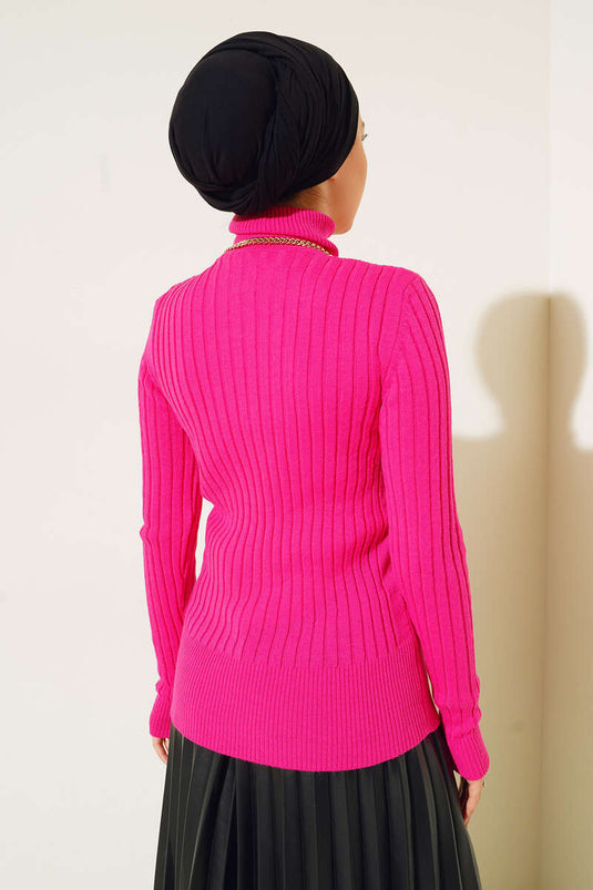 Funnel Neck Ribbed Short Sweater Fuchsia