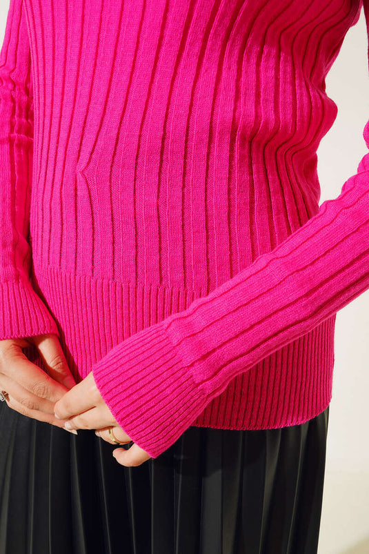 Funnel Neck Ribbed Short Sweater Fuchsia