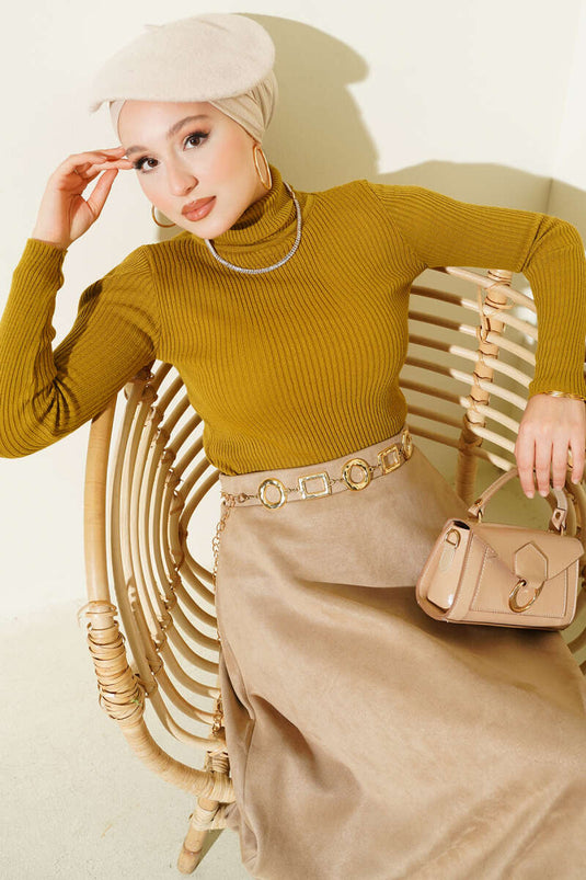 Boğazlı Fitilli Triko Kazak Yağ Yeşili