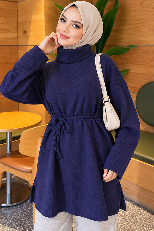 Boğazlı Fitilli Tunik Lacivert