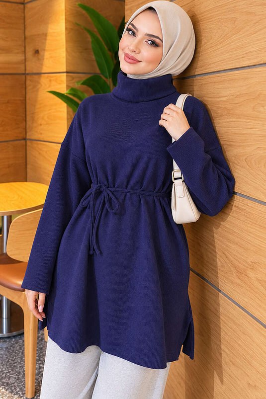 Boğazlı Fitilli Tunik Lacivert