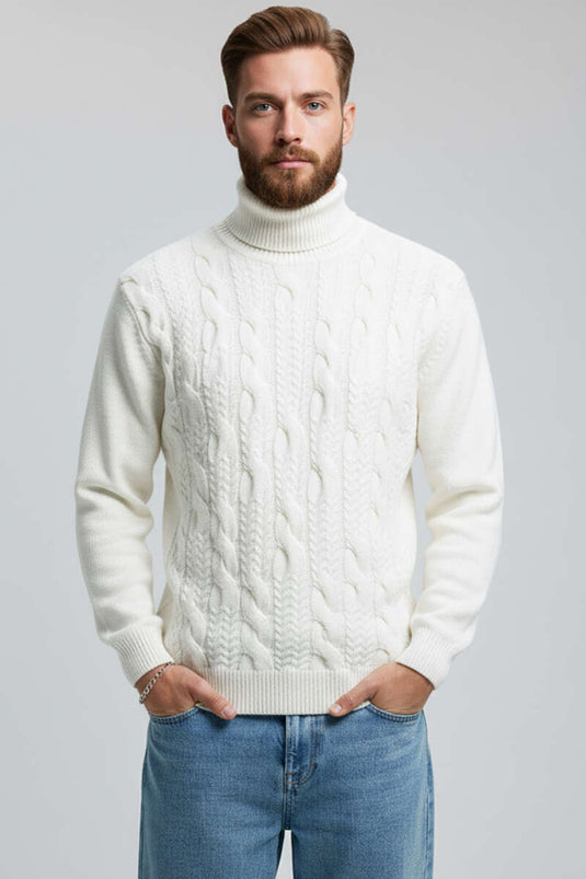 Pull à col roulé pour homme, en maille, motif sur le devant, écru