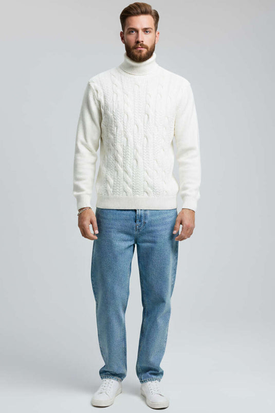 Men's Turtleneck Knit Sweater with Front Pattern, Ecru