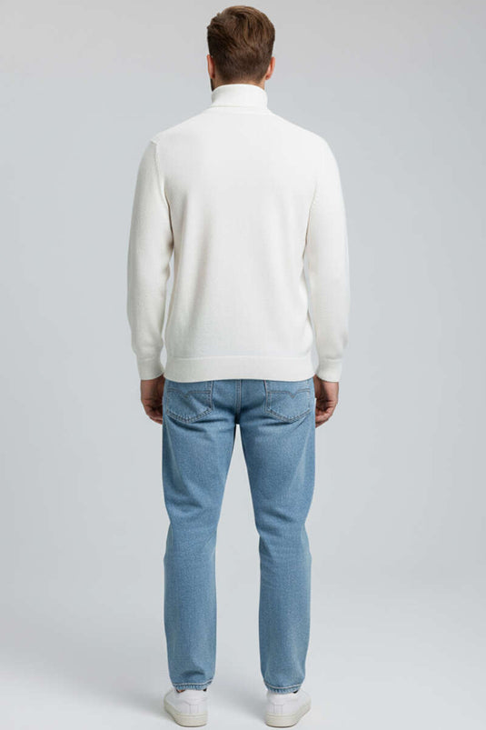 Men's Turtleneck Knit Sweater with Front Pattern, Ecru