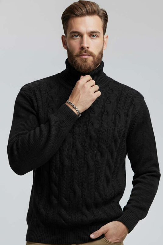 Pull à col roulé pour homme, en maille noire, avec motif sur le devant.