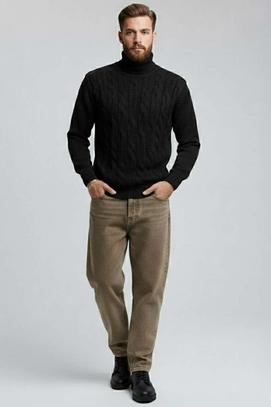 Men's Turtleneck Knit Sweater with Front Pattern, Black