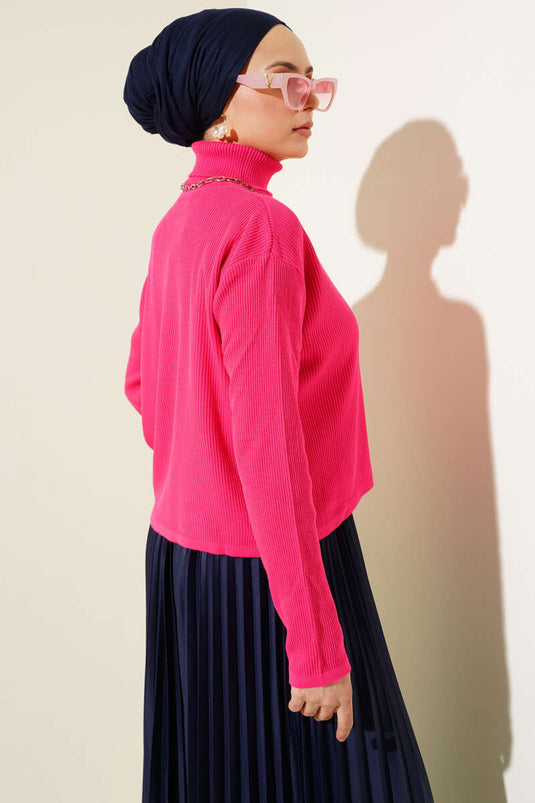 Fuchsia Turtleneck Loose Fit Knitted Sweater